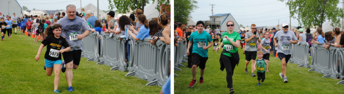 Girl running with man, group of 6 people running