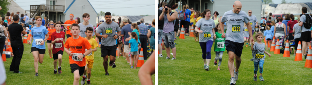 Mixed group of kids running, man running with small child