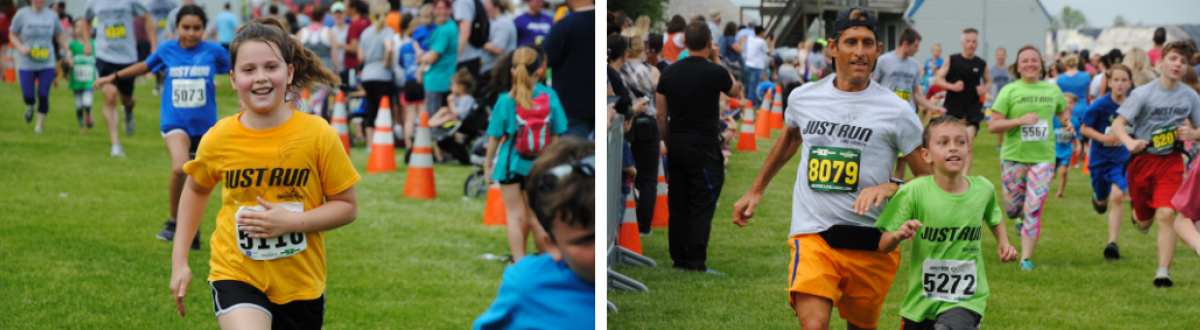 Girl in yellow shirt running, boy in green and man in white running